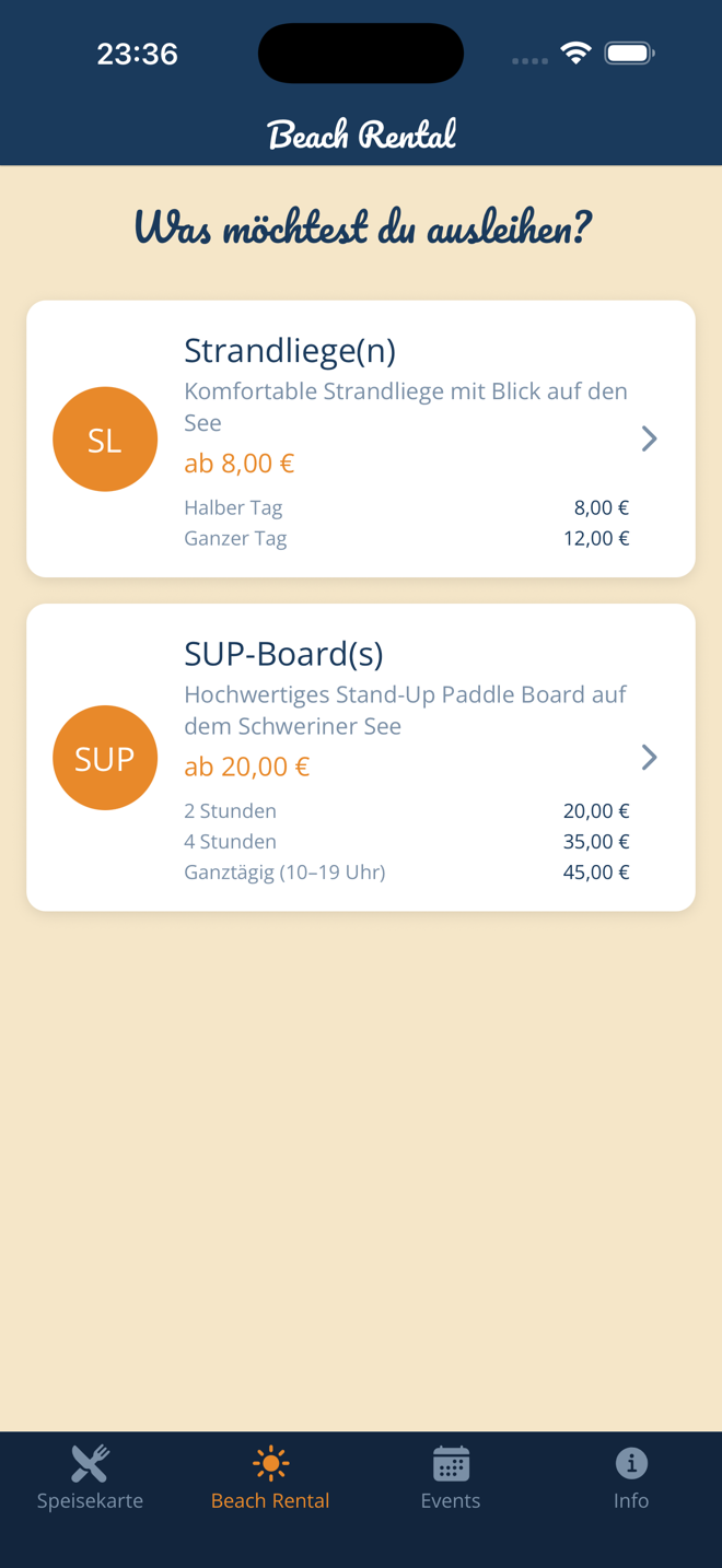 Smoke at the Water App – SUP-Boards und Strandliegen online buchen